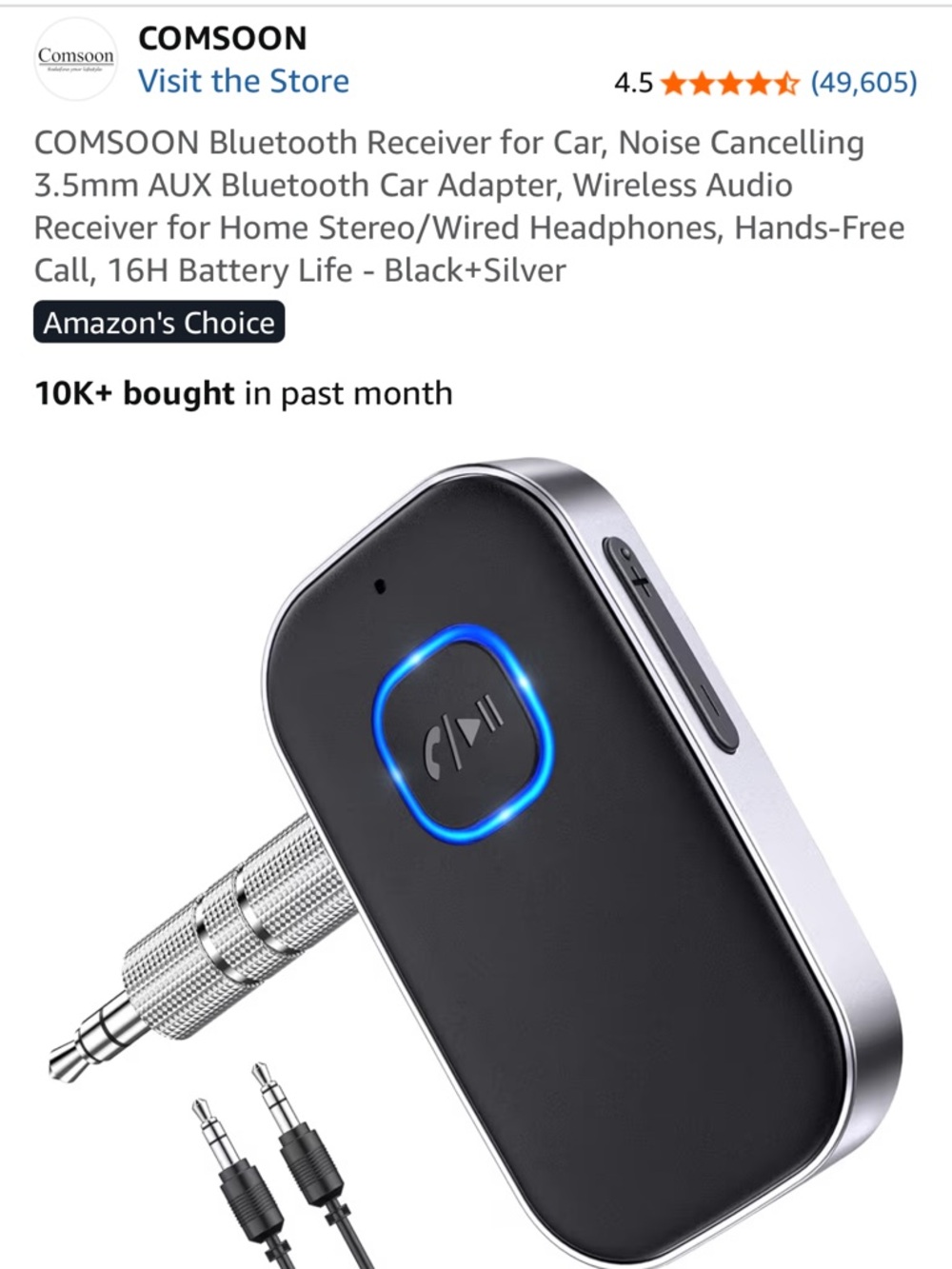 Bluetooth Receiver for Car, Noise Cancelling 3.5mm AUX Bluetooth Car Adapter